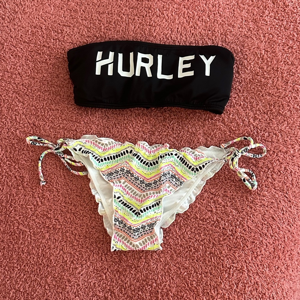 Hurley Black Bandeau Top with Vibrant Patterned Bottoms